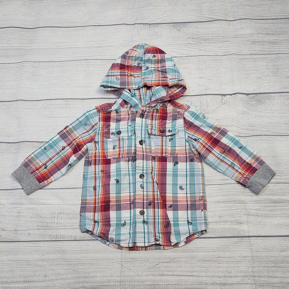18/24m Tea Collection Hooded Paisley Plaid Button-Up Shirt